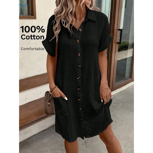100% cotton textured button down shirt dress boho black - Picture 1 of 6